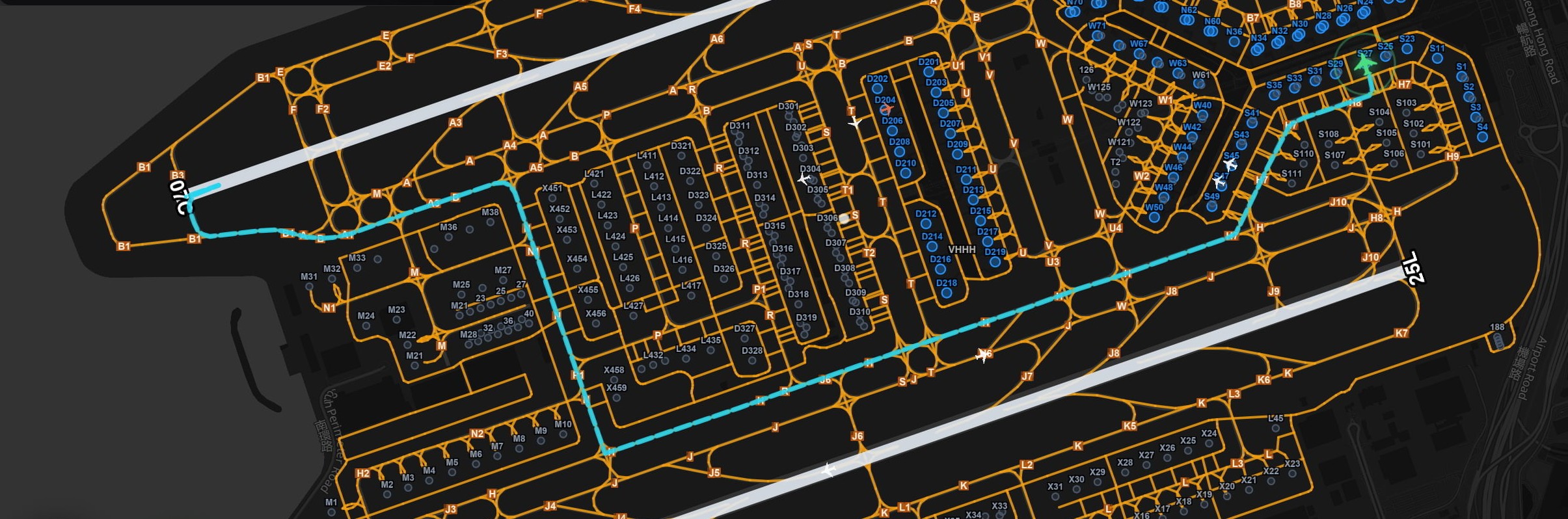 GroundNav autotaxi route drawn across an airport's taxiway graph